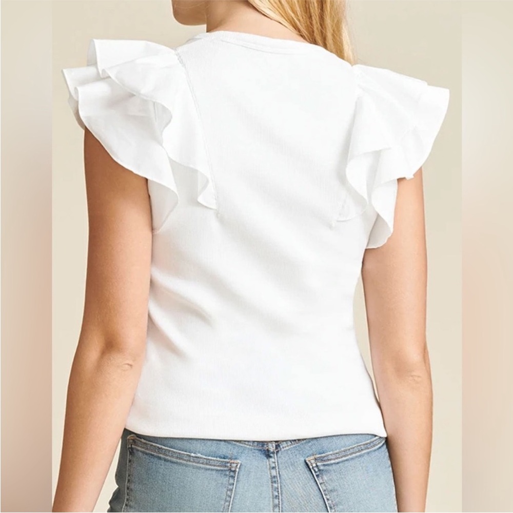 Veronica Beard White Ribbed Cathie Ruffled Top - Picture 2 of 5